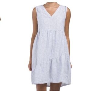 LUCKY BRAND gorgeous linen striped Blue V-Neck Dress. Beach cover-up sundress S